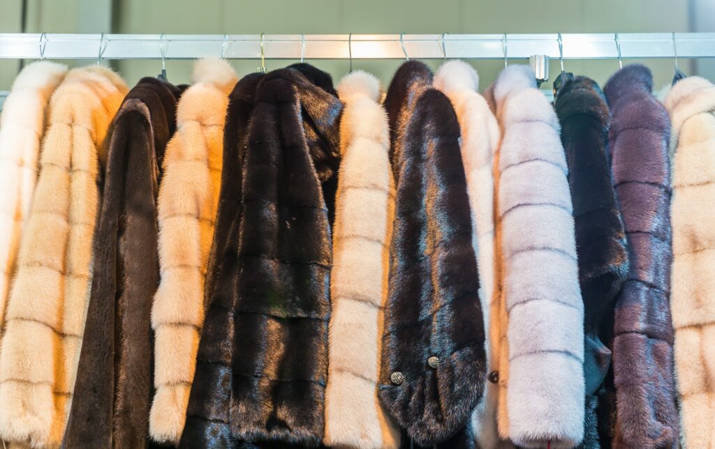 Collection of fur coats in shop, store showcase